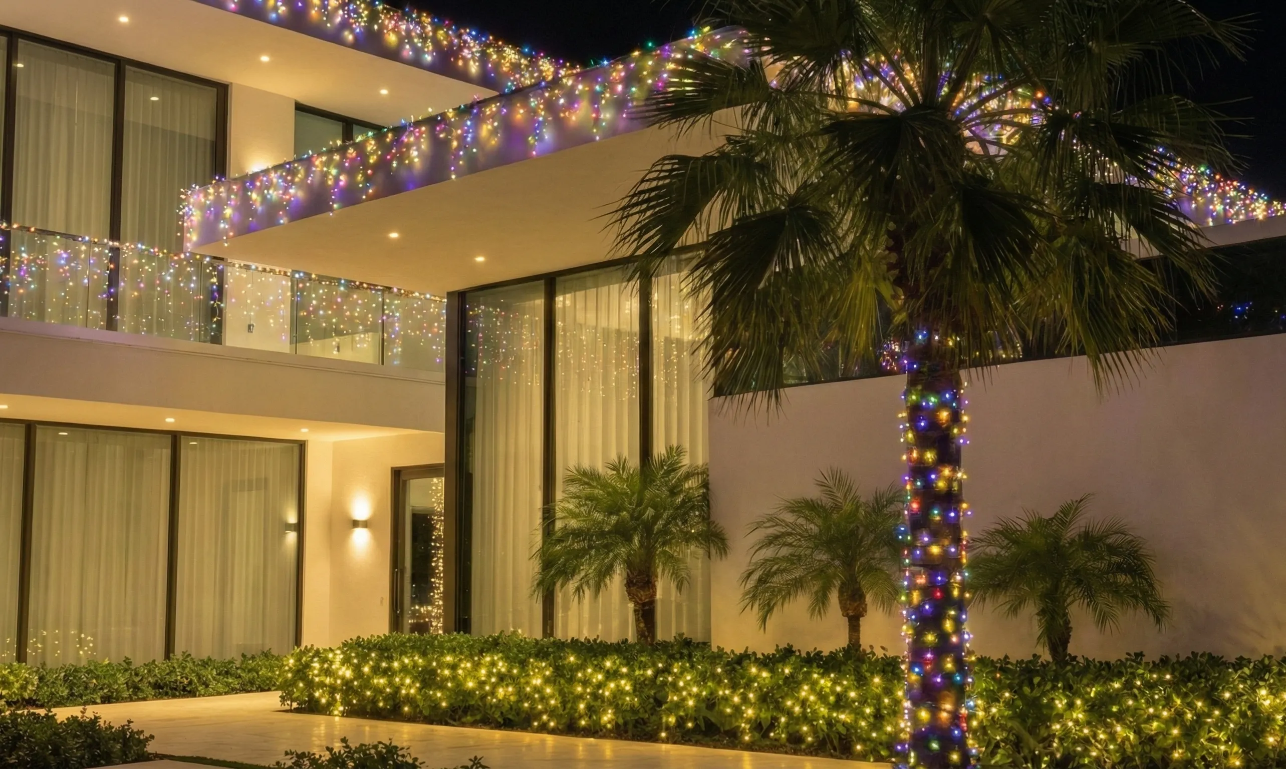 Hollywood Spanish Revival estate illuminated with warm white LED Christmas lights.