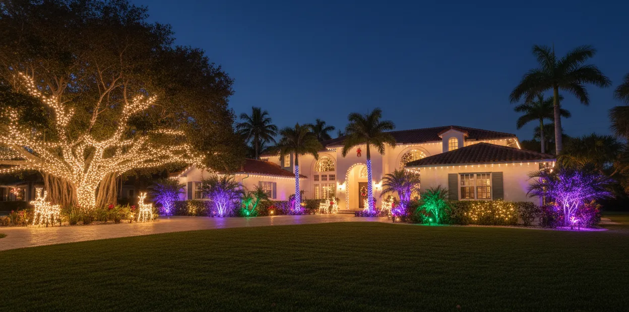 Miami residence illuminated with roofline, tree, and palm Christmas lighting.
