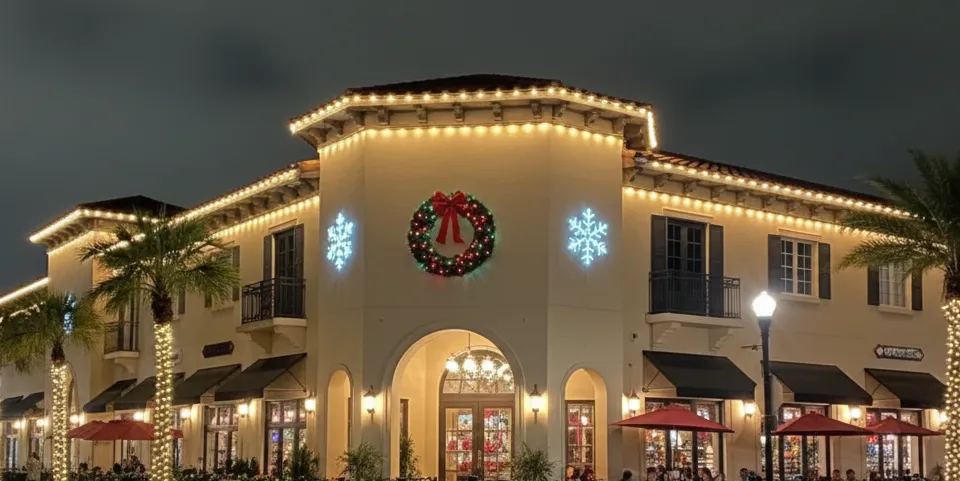 South Florida shopping center with illuminated rooflines, palms, and holiday decor.