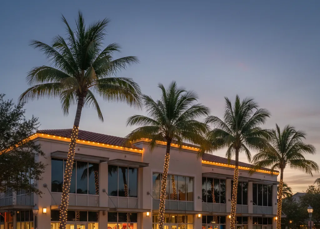 Commercial property with illuminated rooflines and wrapped palm trees.