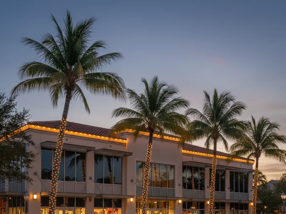 Commercial building and palm trees wrapped with warm white holiday lights.