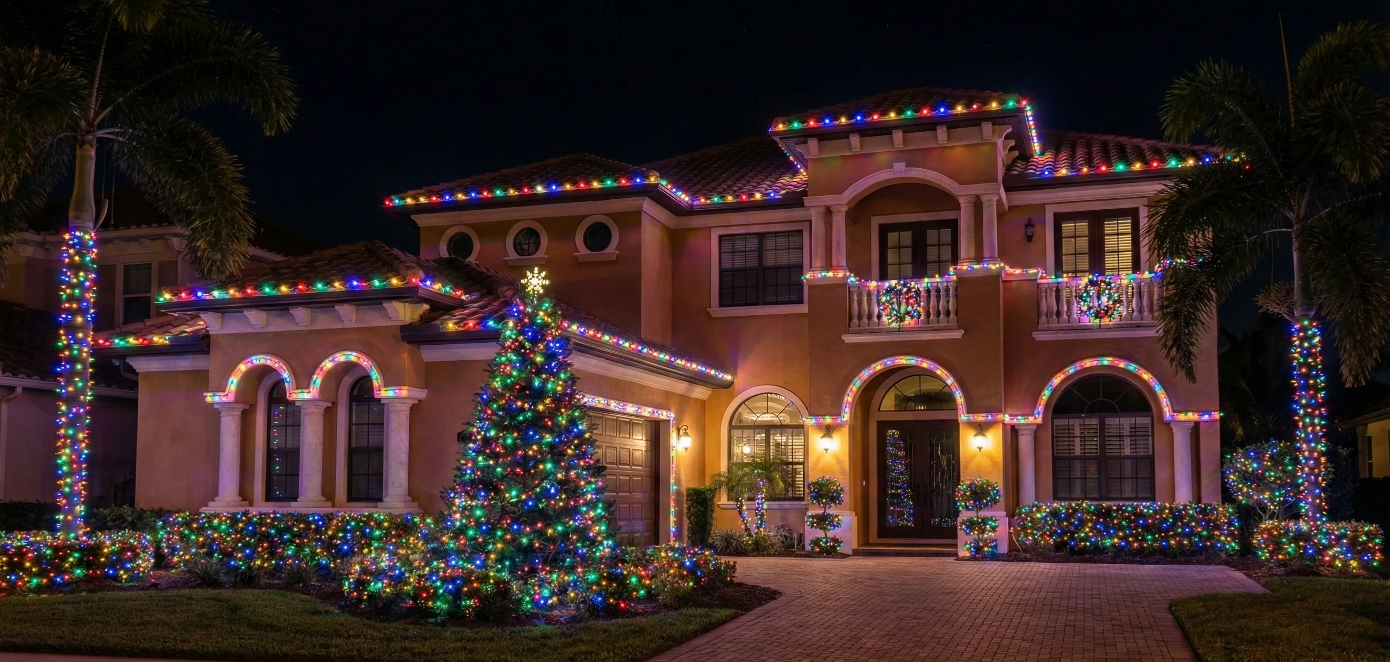 Coral Gables home with multicolored roofline and tree lighting