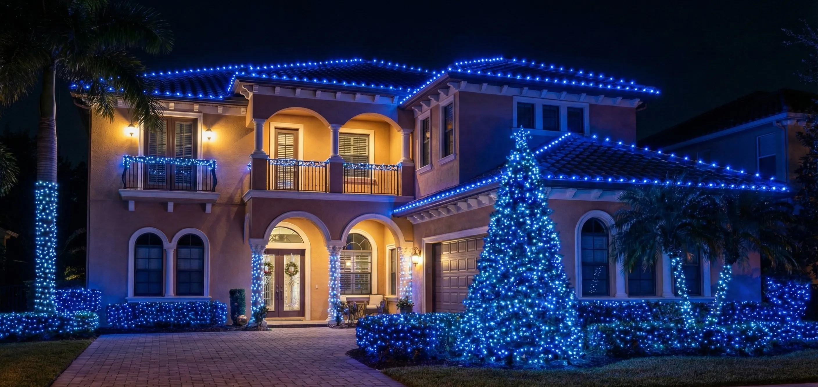 Coral Gables home with roofline lighting