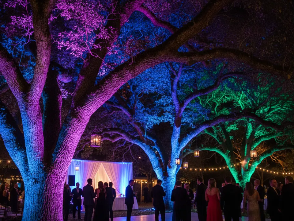 Outdoor commercial event with colorful architectural tree lighting.