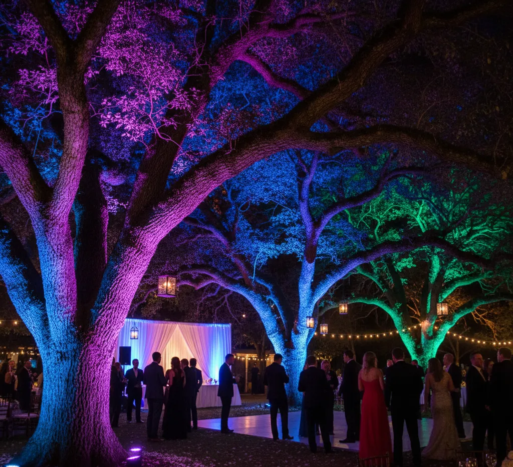 Outdoor commercial event with colorful architectural tree lighting.