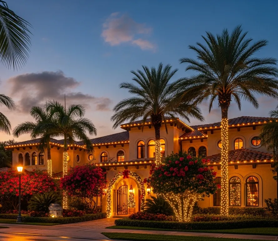 Golden Beach luxury home with professional Christmas lighting.