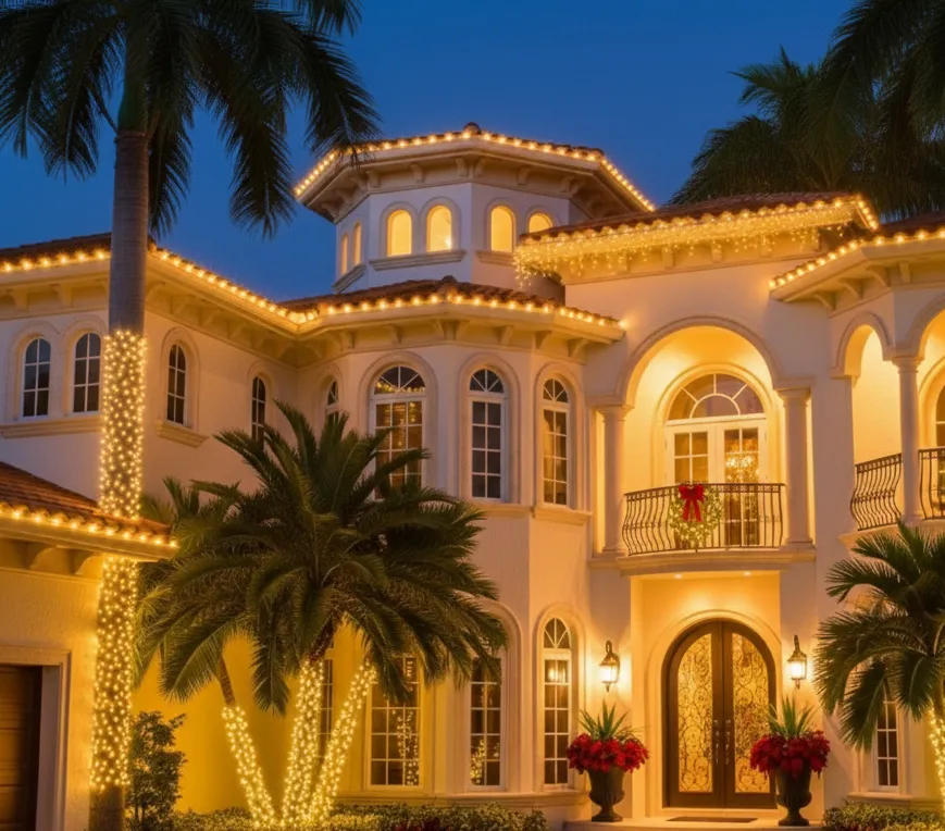 Golden Beach mansion with warm white roofline lighting