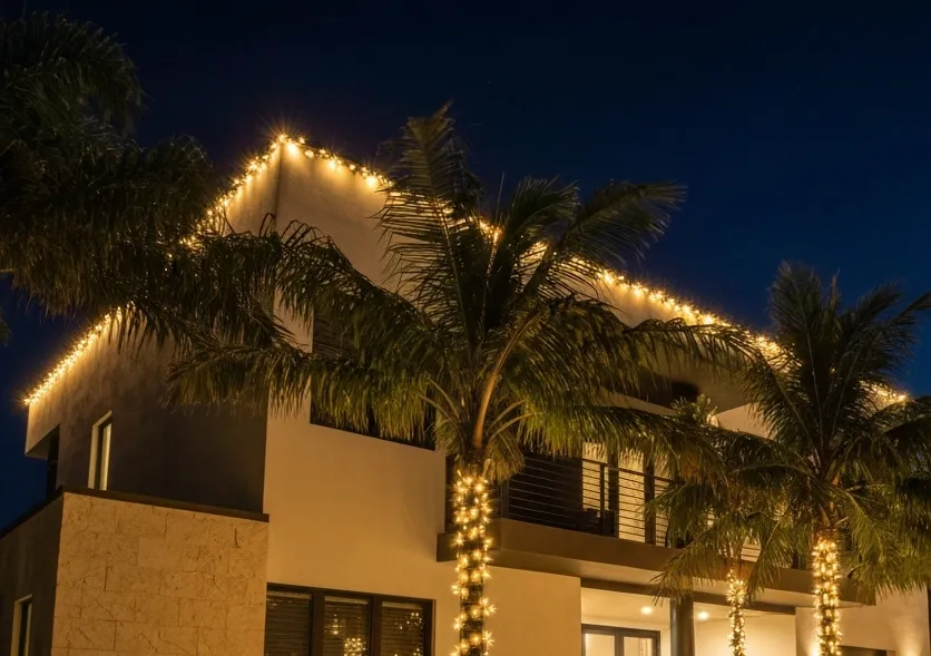 Aventura Modern high-rise condo illuminated with crisp white LED Christmas lights.