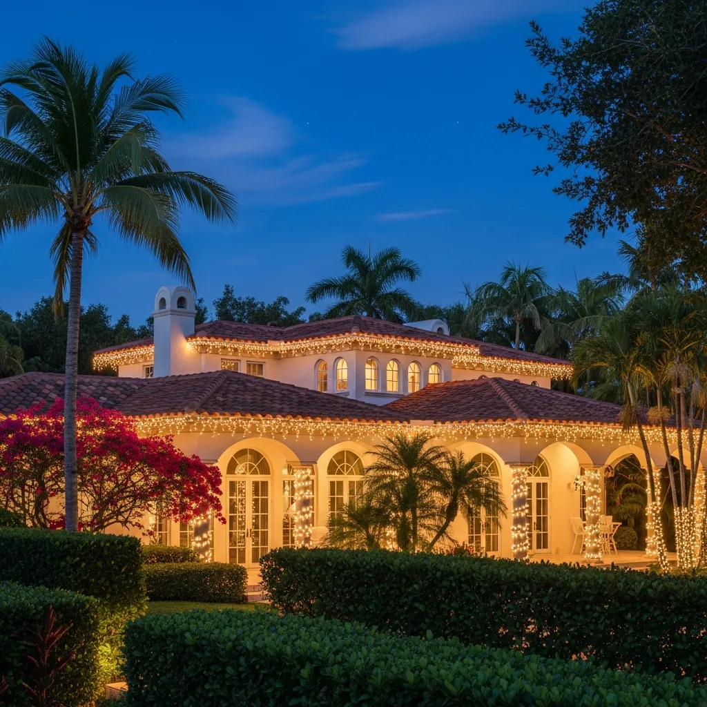 Pinecrest home decorated with Christmas lights and illuminated trees.
