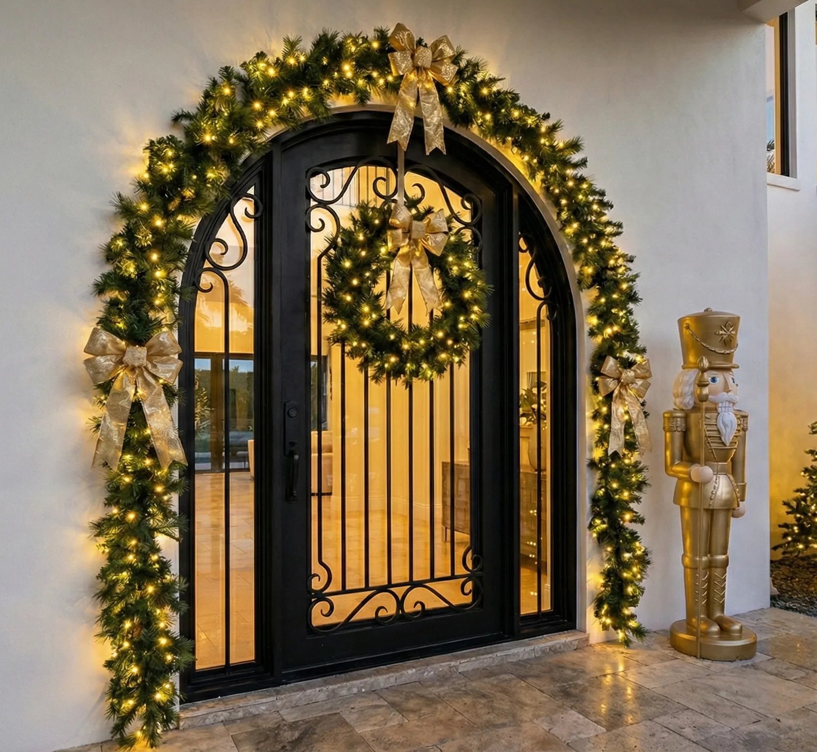 Christmas entry decorated with garland, wreath, bows, a tree, and a nutcracker figure.
