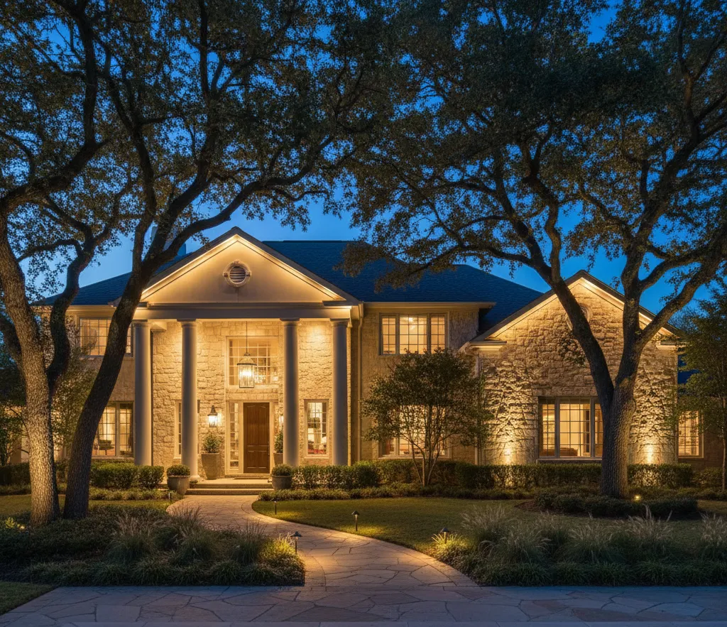 Landscape lighting highlighting palms, pathways, and a modern Miami residence.