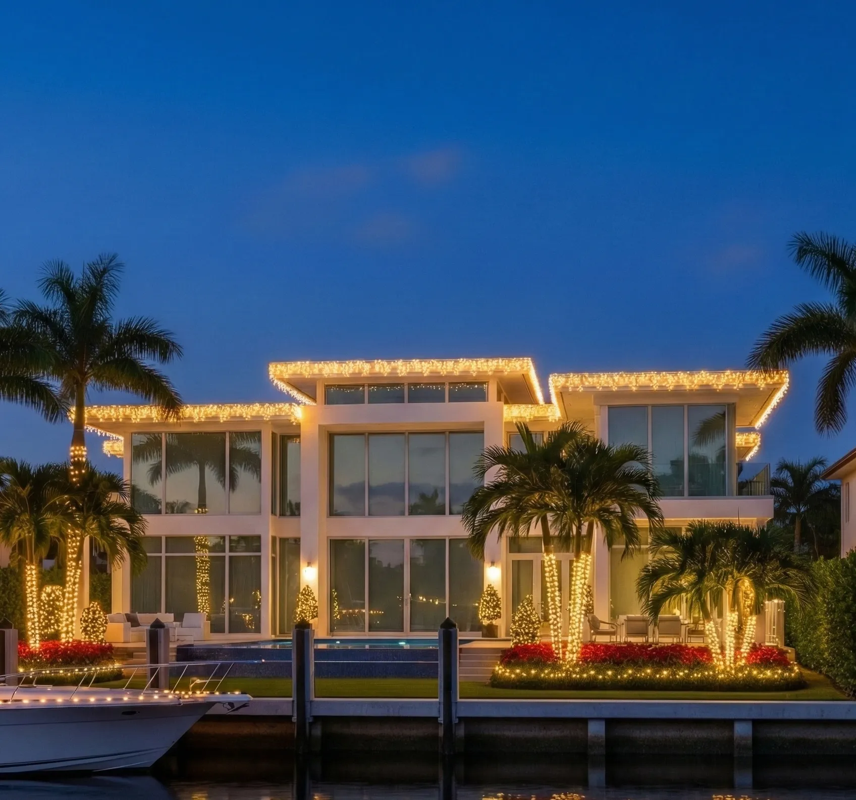 Contemporary North Miami waterfront home illuminated with elegant warm white LED Christmas lights.