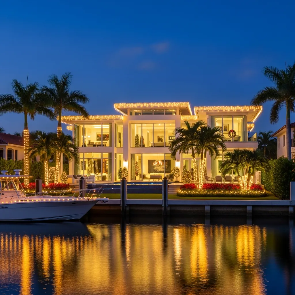 Waterfront deck and residence illuminated with holiday lighting.