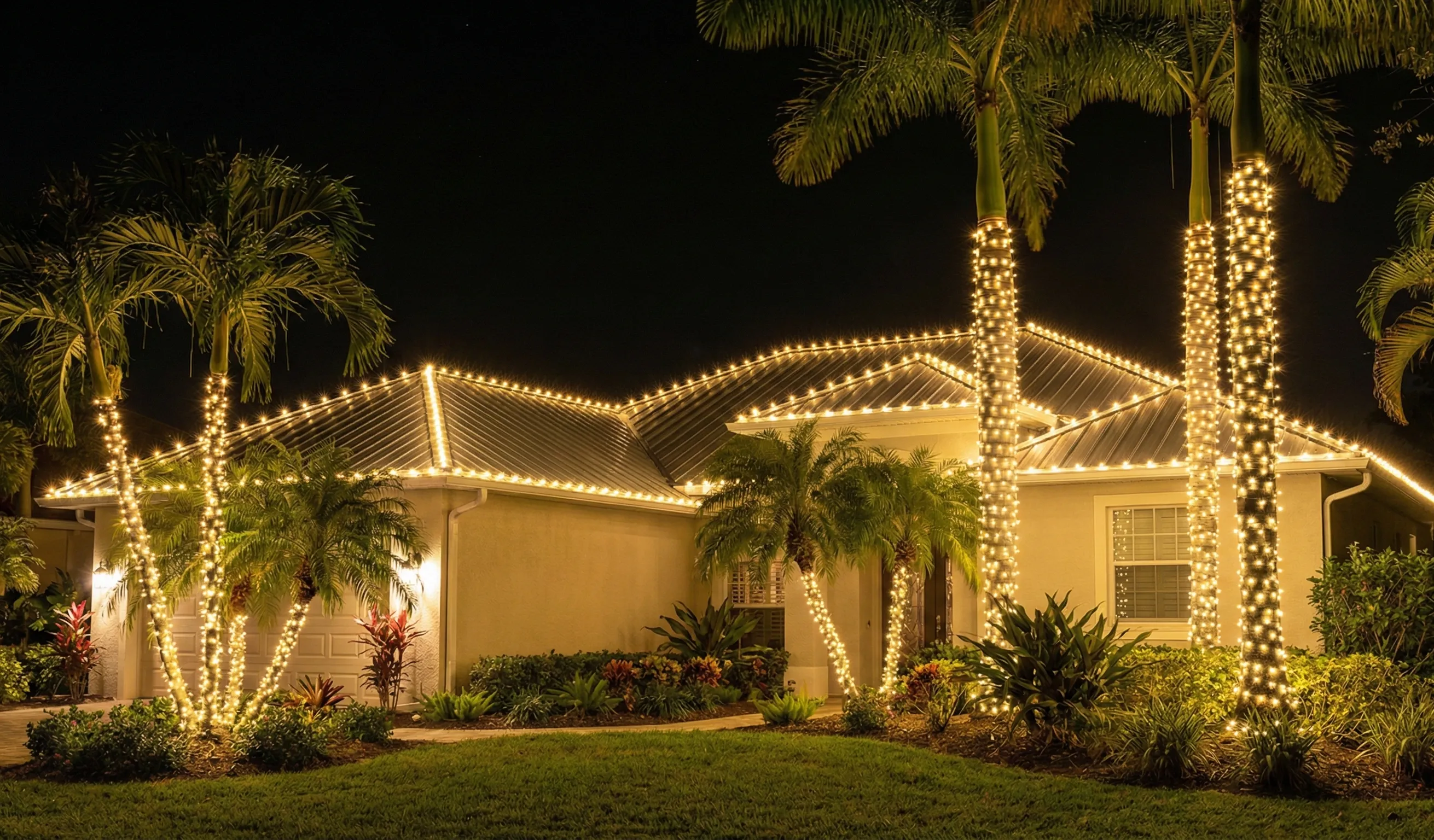 Home with warm white roofline and palm tree lighting at night