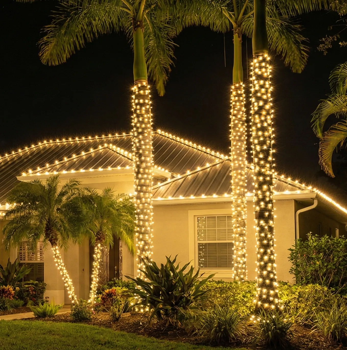 Palmetto Bay luxury home with professional Christmas lighting.