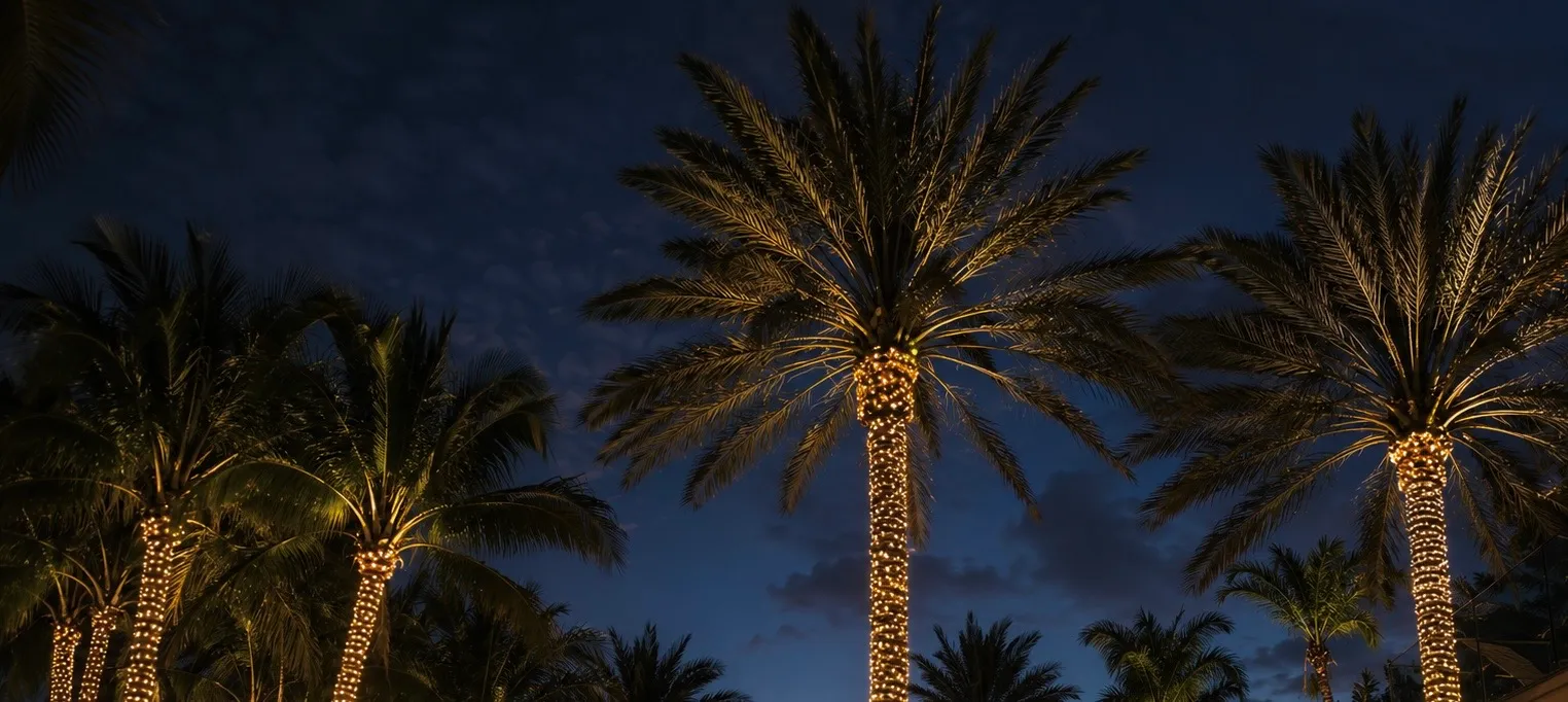 Tall palm trees wrapped in warm white Christmas lights