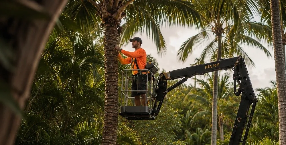 The Miami Lights technician on a boom lift near a tall palm tree