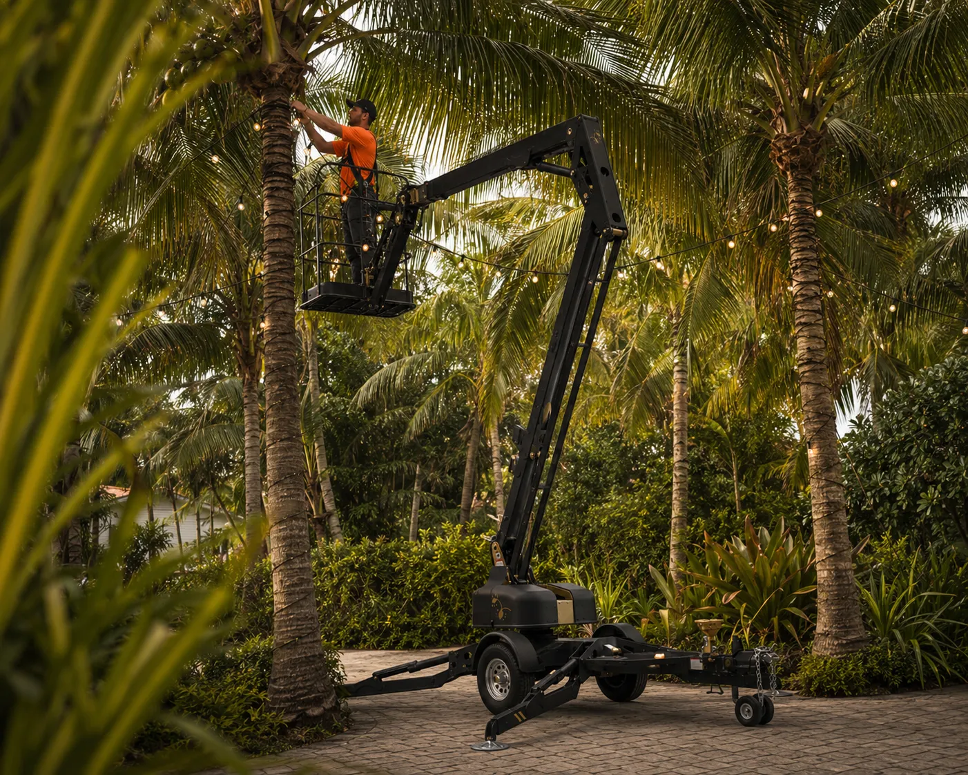The Miami Lights technician using a boom lift to install Christmas lights on a tall palm tree