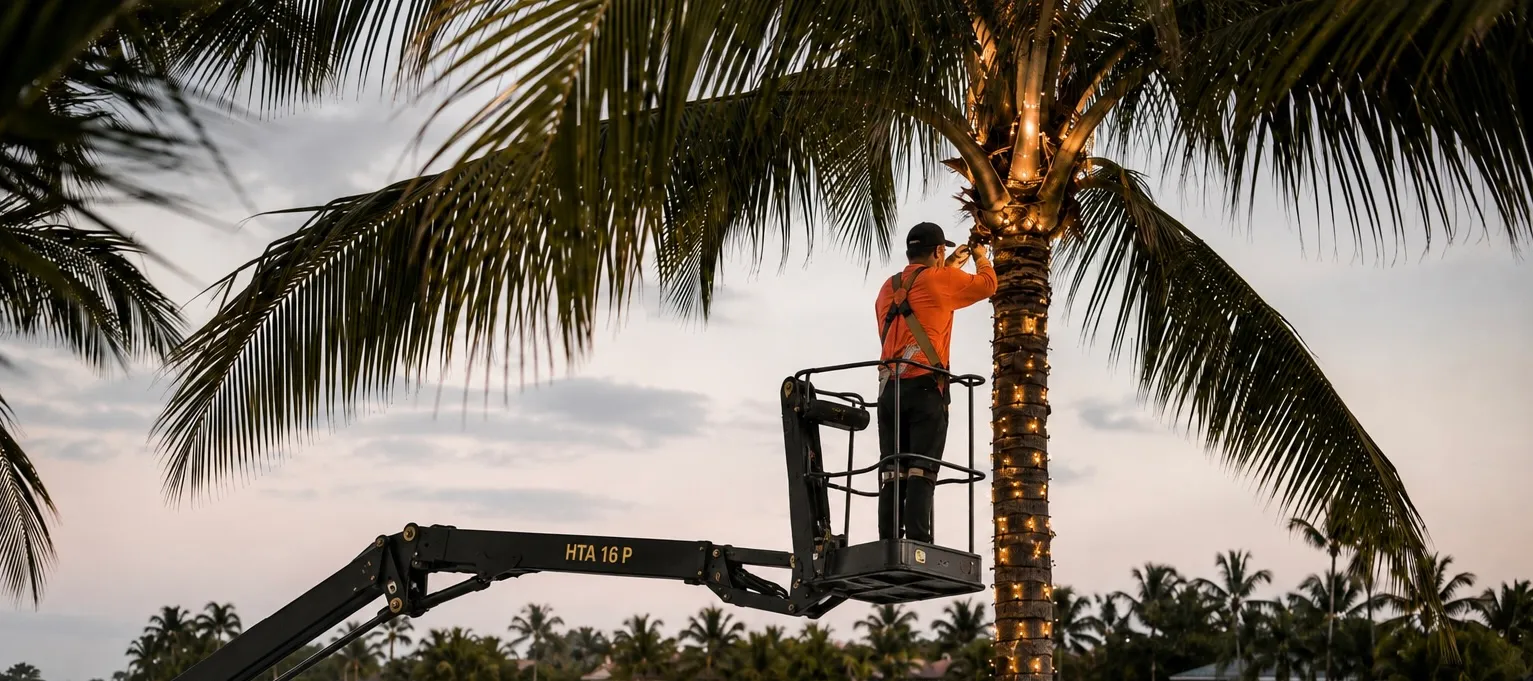 The Miami Lights technician wrapping a palm tree with warm white Christmas lights from a boom lift